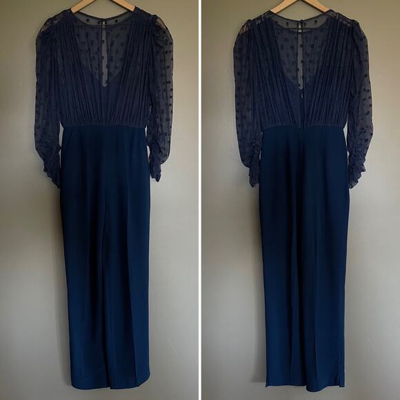 Saloni Bernadette Jumpsuit in Navy Blue Size 2 Sheer Embroidered Dot Chic Sexy - Picture 4 of 16